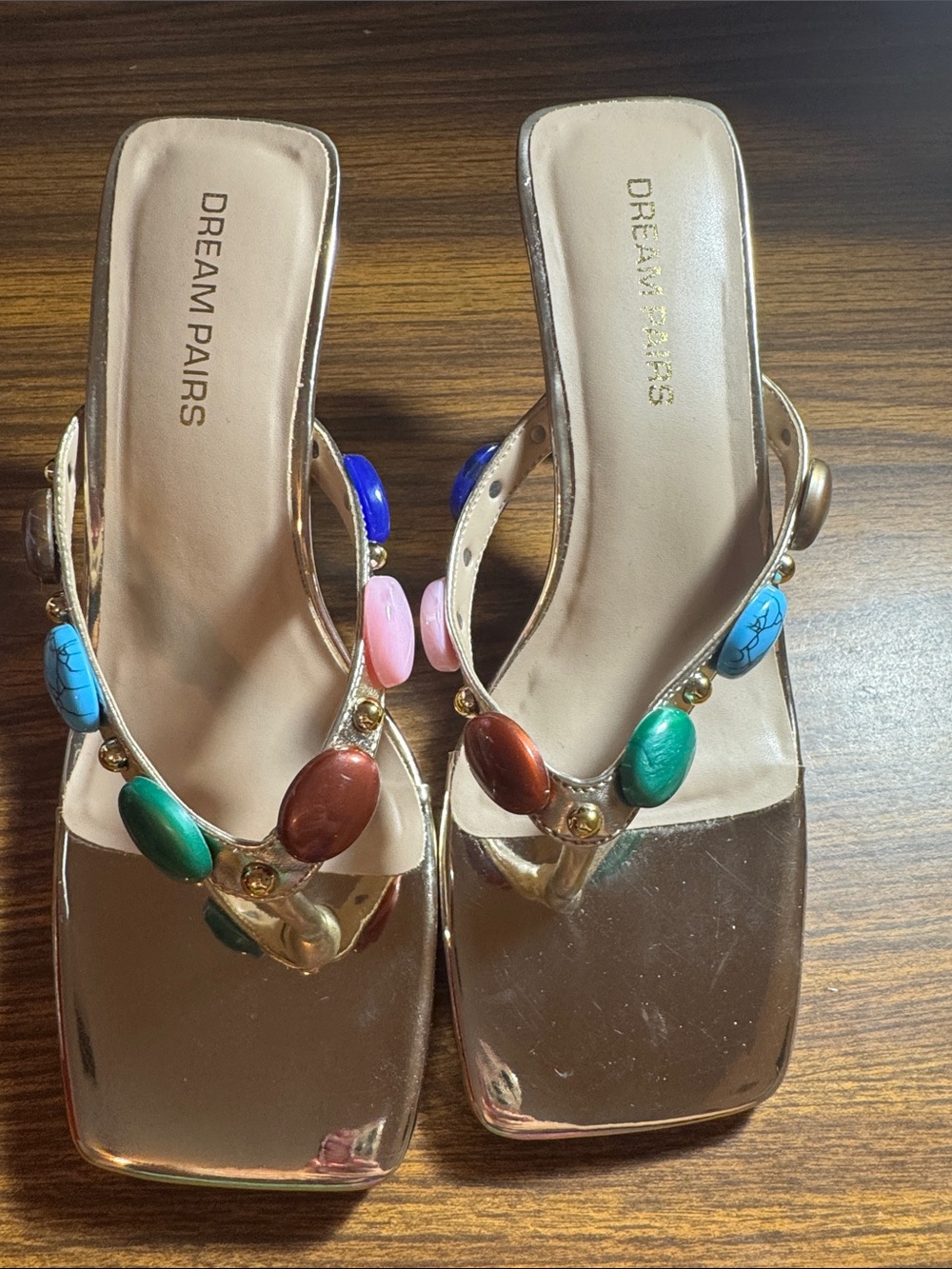 Dream Pairs Gold Slip-On Beaded Mules with Multicolor Stones